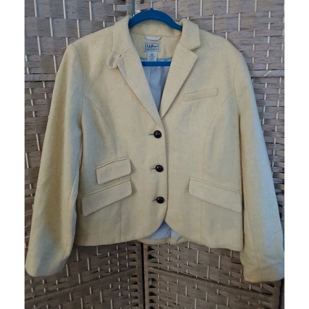 L L Bean Women's Yellow Herringbone Wool Blend Lined Blazer Jacket Sz 16
